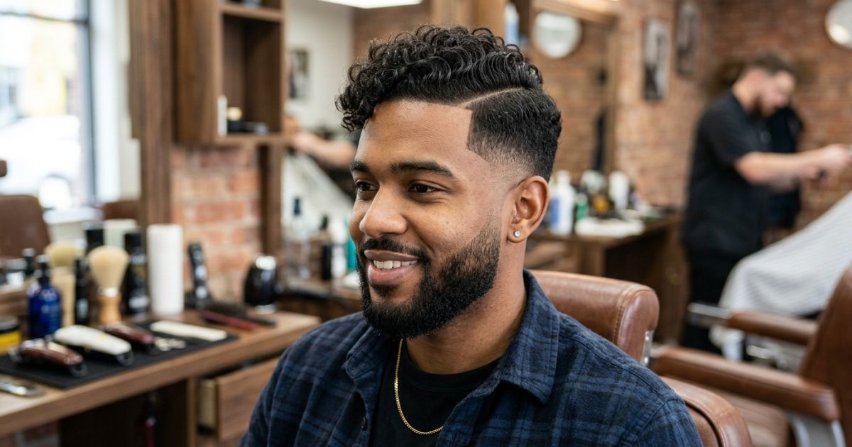 Side Part Curly Mid Taper Fade