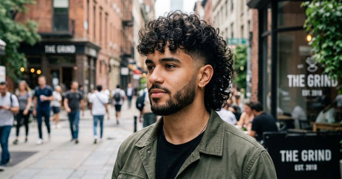 Curly Low Taper Fade Modern Mullet Haircut