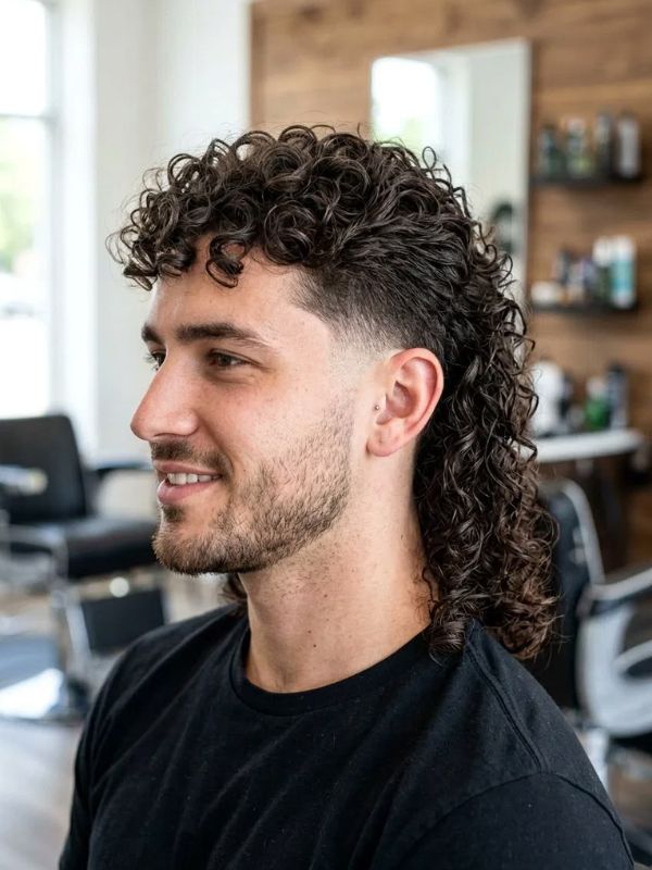 Low Burst Fade Curly Hair Mullet