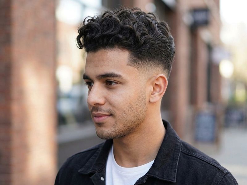 Low Taper Fade Quiff for Curly Hair