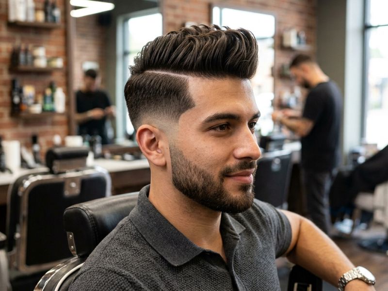 Low Taper Fade Quiff with Hard Part