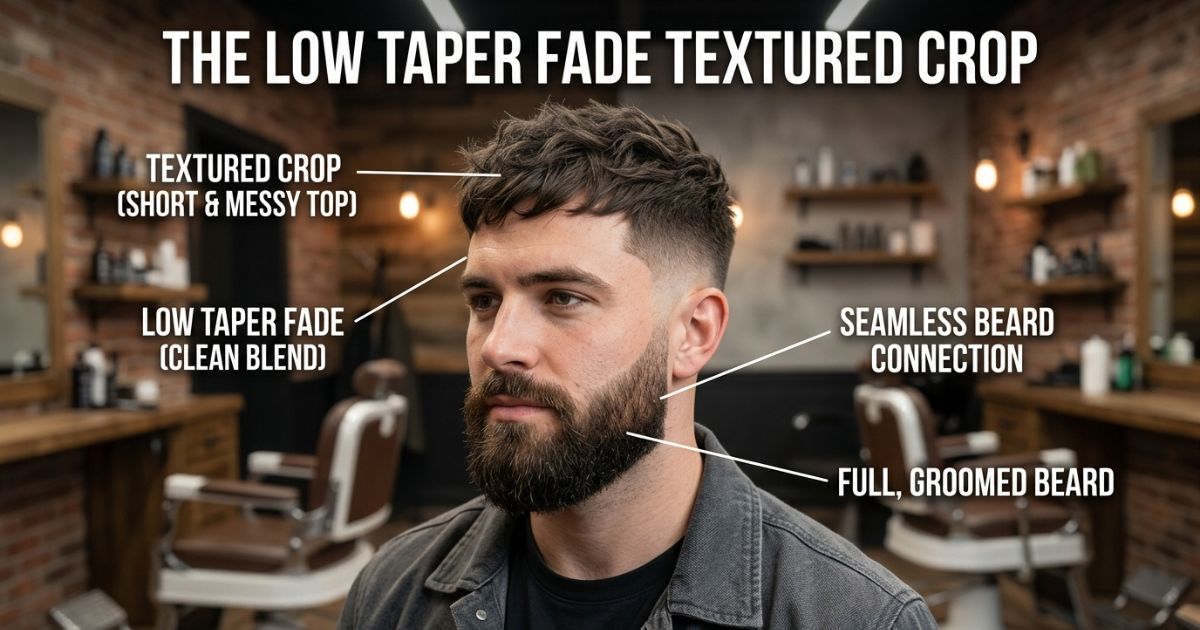 Low Taper Fade Textured Crop with Beard
