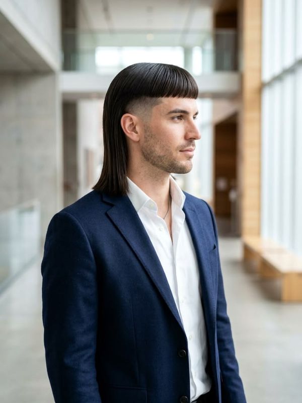 Straight Hair Burst Fade Mullet