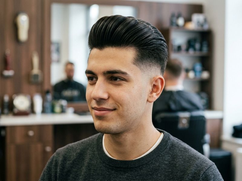 Straight Smooth Quiff with Mid Skin Fade