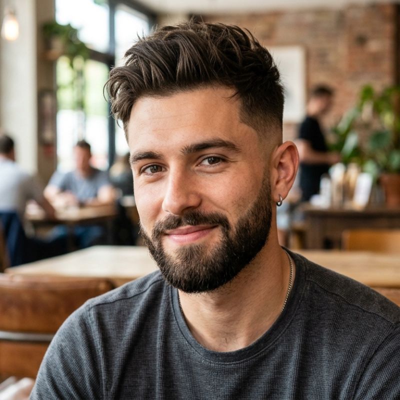 Youthful Short Quiff with Drop Fade and Beard