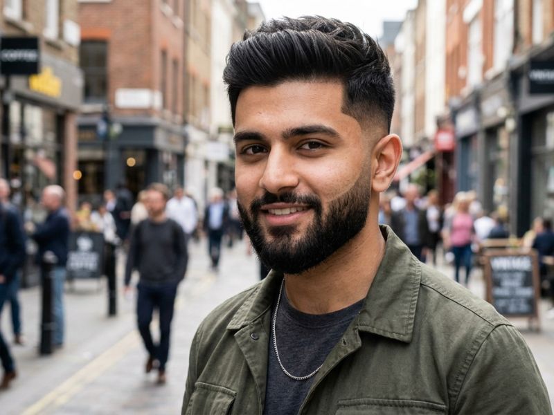 Youthful Short Quiff with Drop Fade and Beard