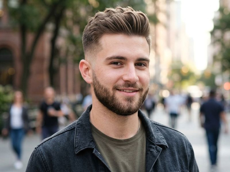 Youthful Short Quiff with Drop Fade and Beard